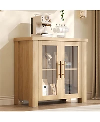 homfan Wooden Sideboard Credenza, Buffet Cabinet with Tempered Glass Doors for Living Room, Dining Room and Kitchen Storage