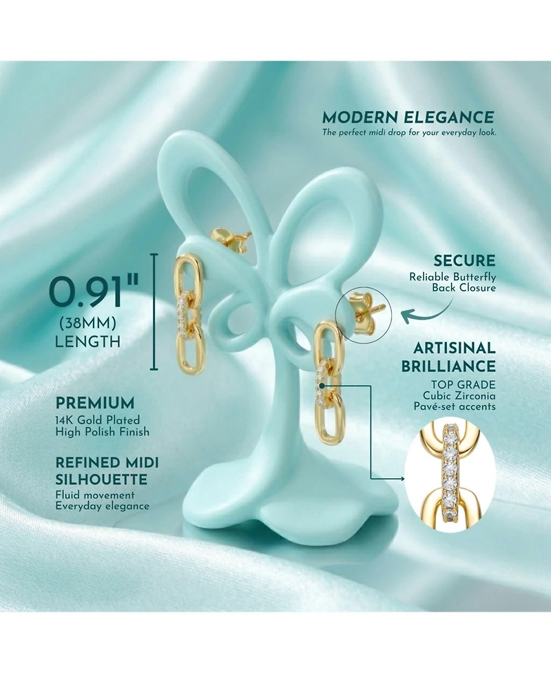 Classic 14k Yellow Gold Plated with Cubic Zirconia Triple Chain Drop Earrings