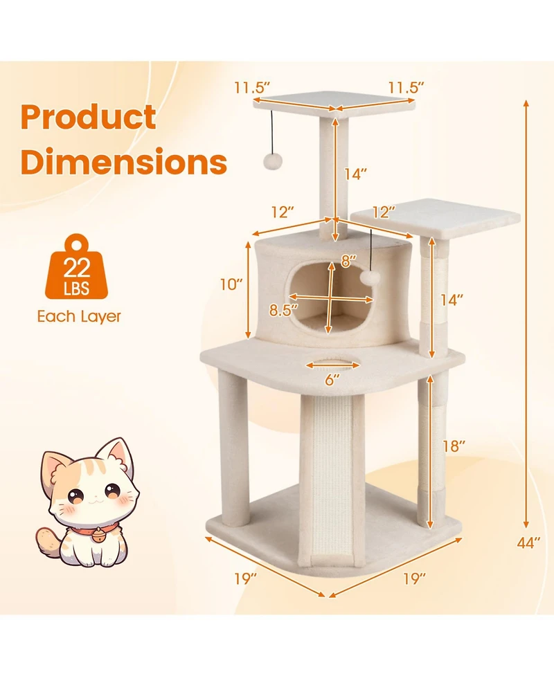 Cozito 44 in Tall Kitten Tower with Condo and 2 Plush Perches, Beige