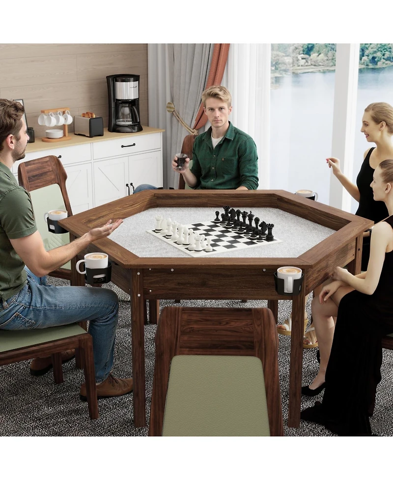 Rainsken 2-in-1 Dining and Gaming Table, with Cup Holders, Removable Top, for 4-6 Players, Non-Slip Play Mat, Solid Wood Legs