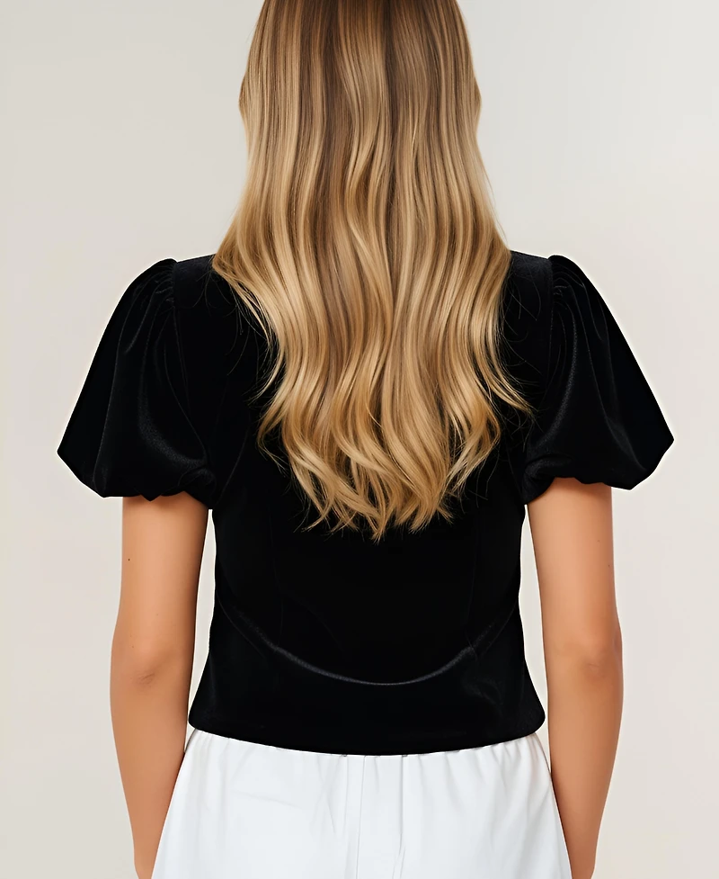 Modenaire Women's Velvet Puff Sleeve Keyhole Rhinestone Bow Top