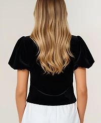 Modenaire Women's Velvet Puff Sleeve Keyhole Rhinestone Bow Top