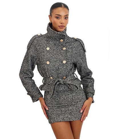 Miss Circle Women's Sadie Black and White Tweed High Collar Belted Mini Jacket