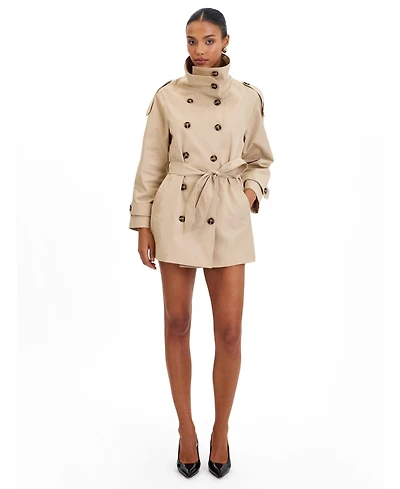 Miss Circle Women's Vanetta Tan High Collar Double-Breasted Trench Mini Coat