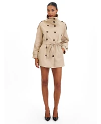 Miss Circle Women's Vanetta Tan High Collar Double-Breasted Trench Mini Coat