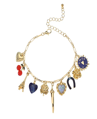 Nicole Miller Gold-Tone Eiffel Tower, Heart, Rose, Horseshoe, Clover, Cherry, and Amor Charms Bracelet
