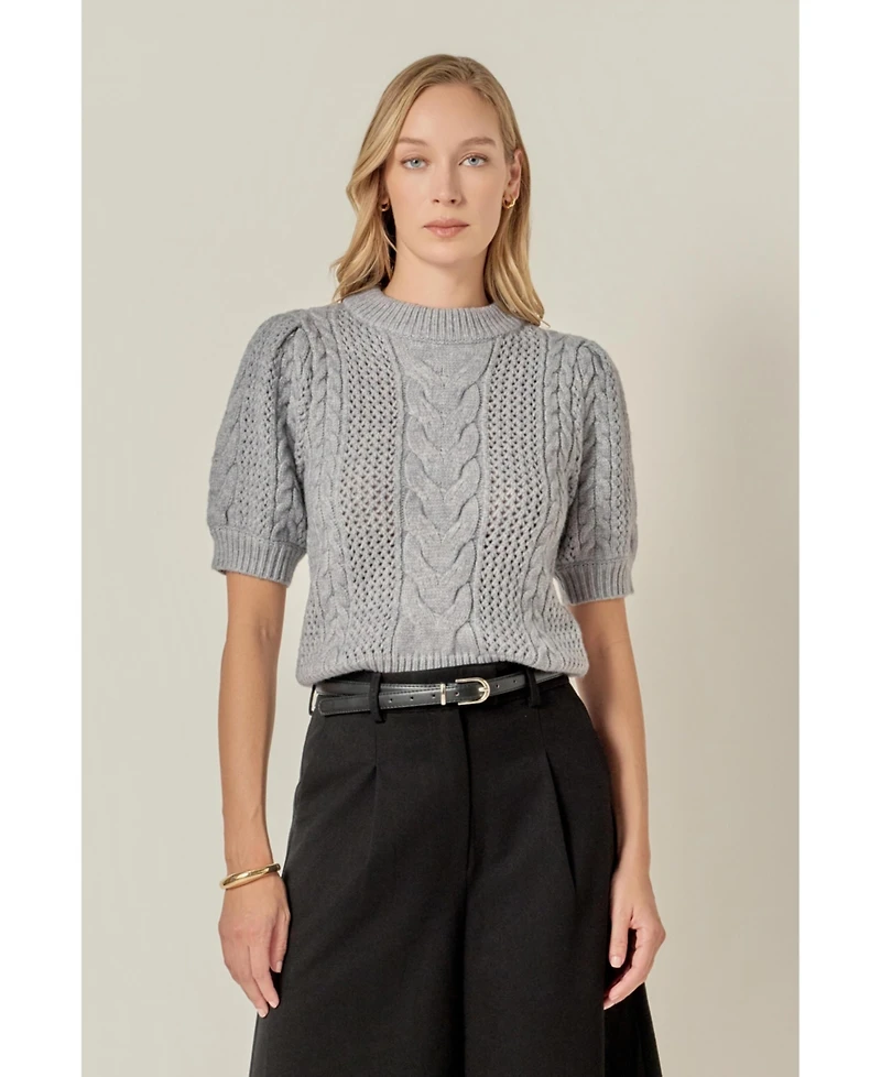 English Factory Women's Puff Sleeve Cable Sweater Top
