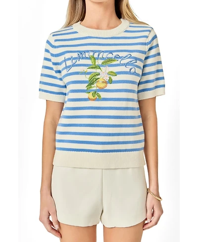 English Factory Women's Striped Lemon Short Sleeve Sweater