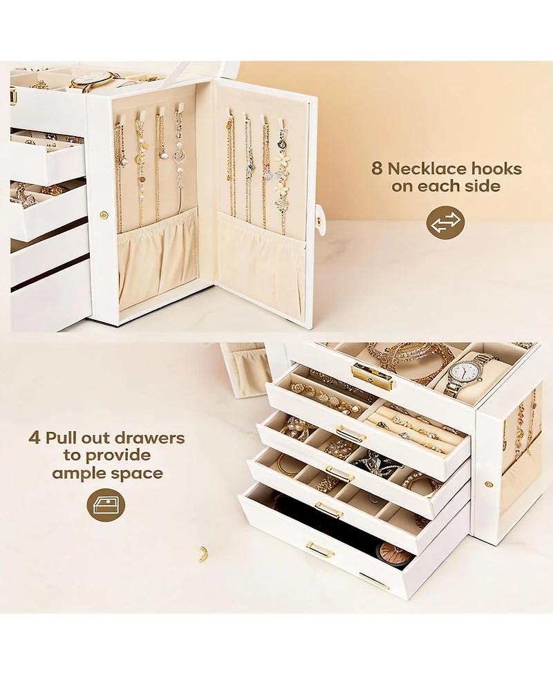 Yigii Leather Jewelry & Watch Organizer with Drawers and Mirrors