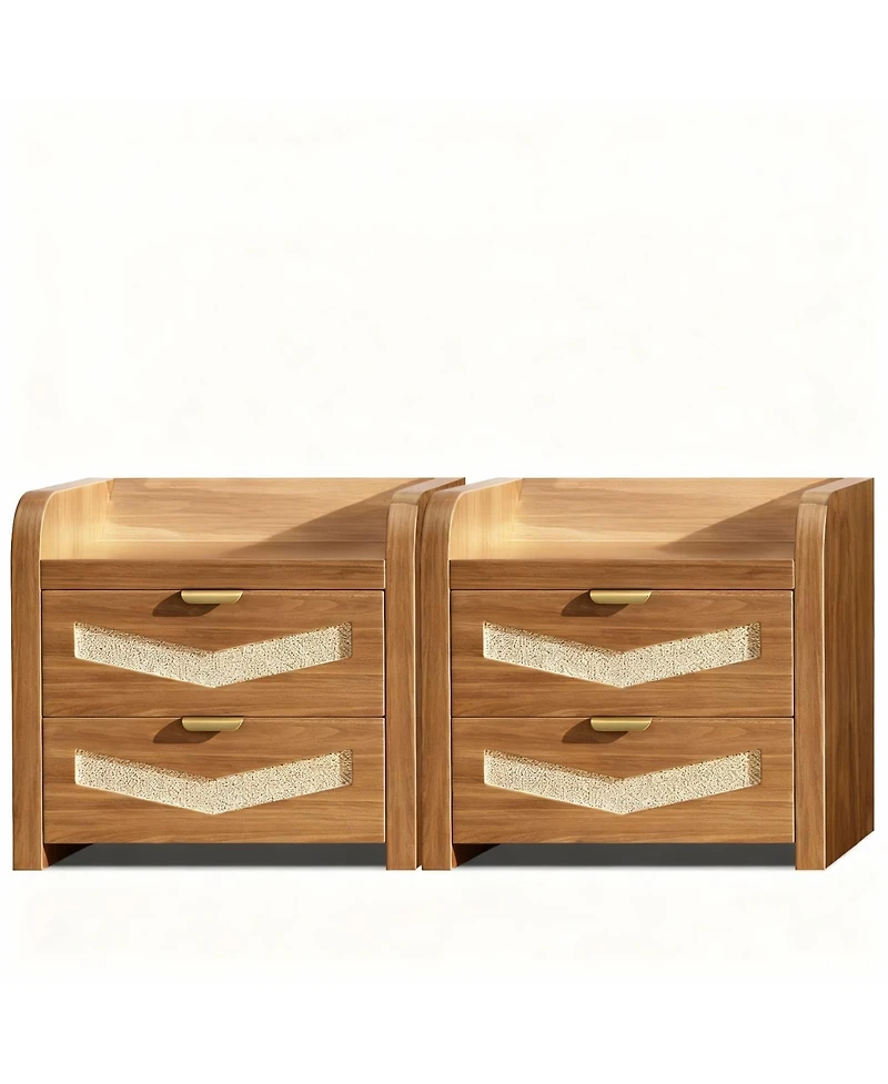Yigii 2 Drawer Rattan Charging Ports Nightstand Set