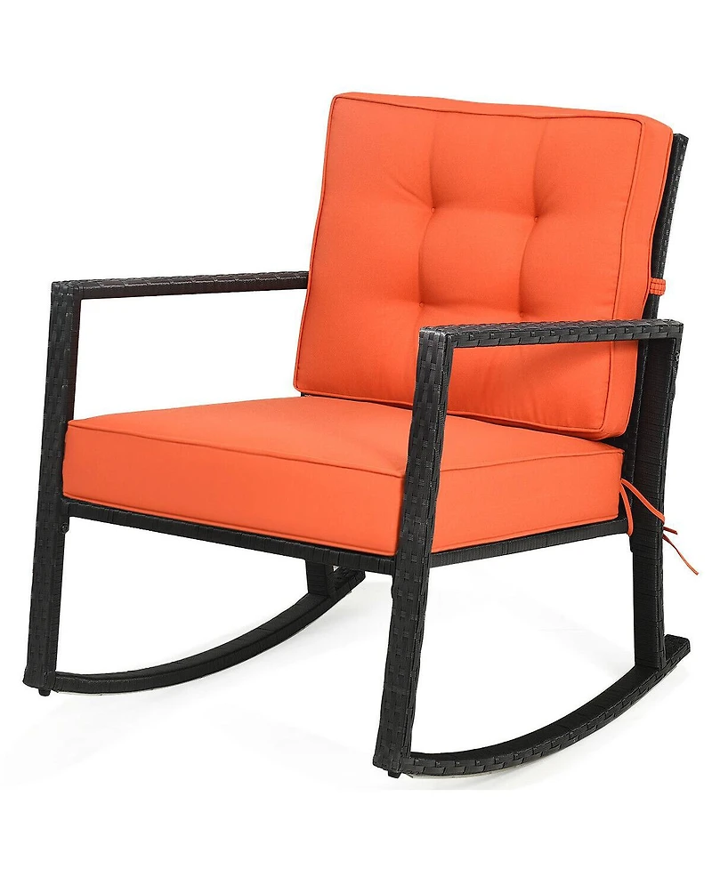 Gymax 2piece Outdoor Wicker Rocking Chair Patio Lawn Rattan Single Chair Glider with Cushion