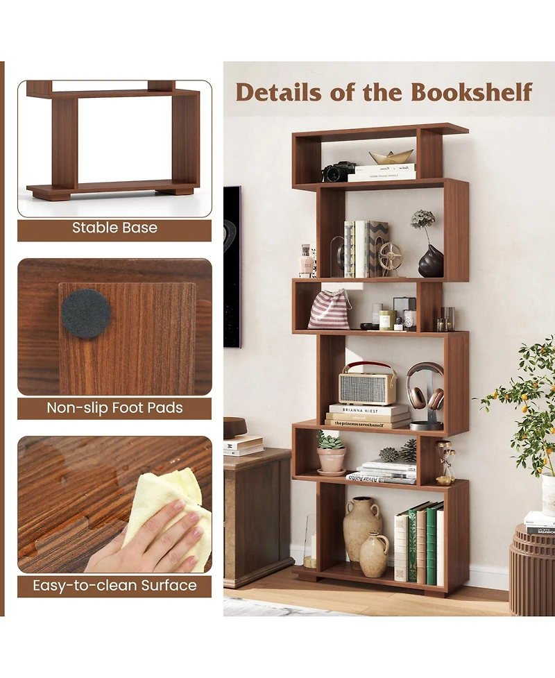 Gymax 2 Piece 6 Tier Bookshelf Geometric Bookcase with Anti Tipping Kits Wooden Display Shelf