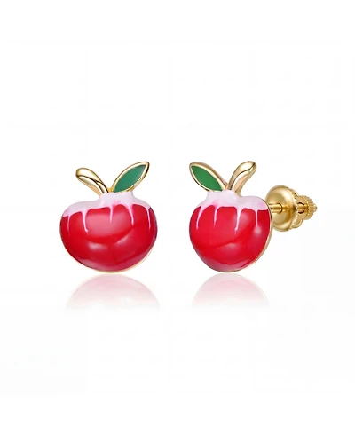 Rachel Glauber 14K Gold Plated with Red, Green & White Enamel Apple Stud Earrings For Kids