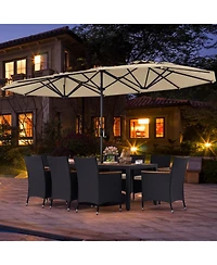 Costway 11 Pcs Patio Wicker Dining Set with Double-Sided Outdoor Umbrella 8 Stackable Chairs