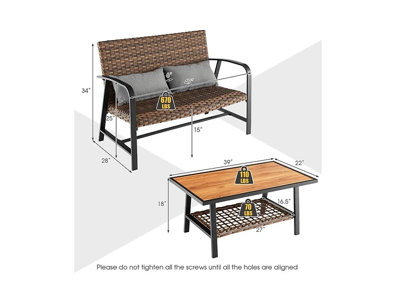 Boyel Living 2 Pieces Patio Rattan Coffee Table Set with Shelf and Quick Dry Cushion