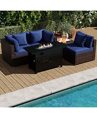 Costway 5 Pieces Patio Furniture Set Heavy-duty Frame Rattan Sofa with 60,000 Btu Firepit Table