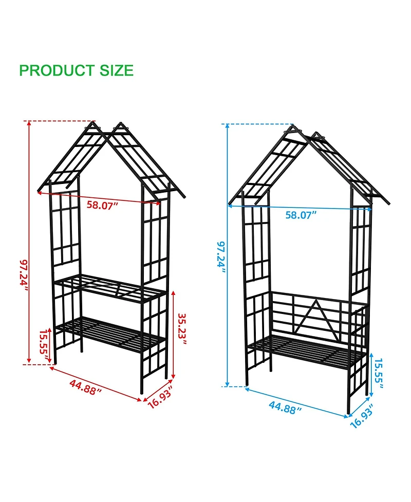 Clihome Metal Garden Arch with Bench Turned into Flower Stand W58.07H97.24 Climbing Plants Support Rose Arch Outdoor