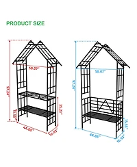 Clihome Metal Garden Arch with Bench Turned into Flower Stand W58.07H97.24 Climbing Plants Support Rose Arch Outdoor