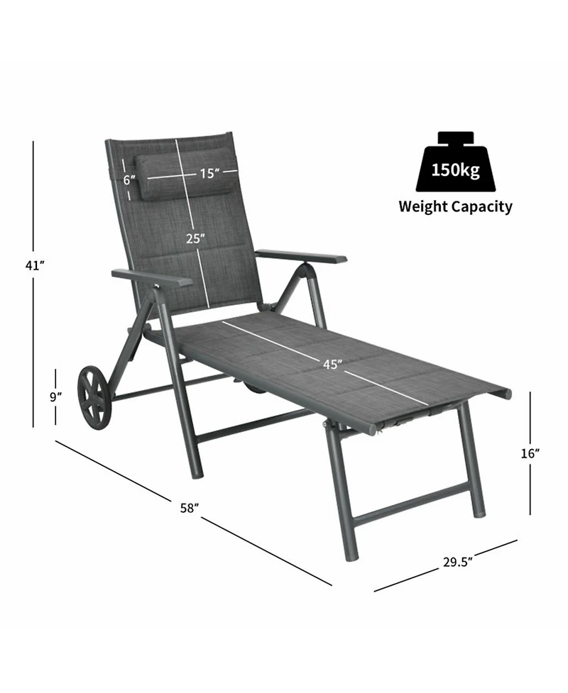 Clihome Patio Reclining Chaise Lounge with Adjustable Neck Pillow