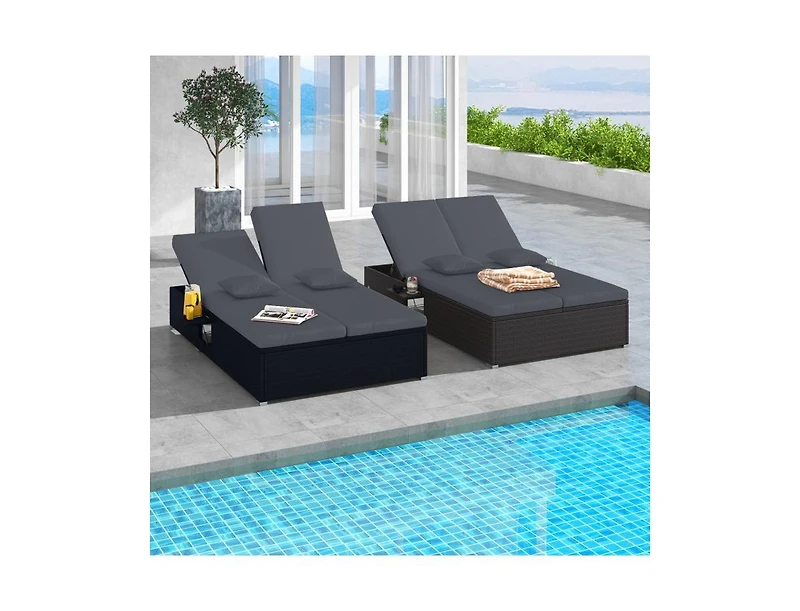 Boyel Living Patio Double Chaise Lounge with Cushions and Folding Side Trays