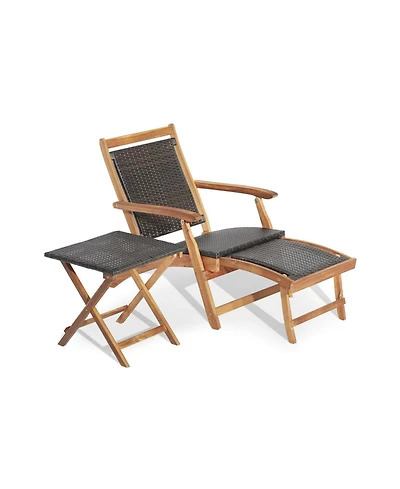 Clihome 2 Pieces Patio Rattan Folding Lounge Chair with Acacia Wood Table