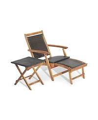 Clihome 2 Pieces Patio Rattan Folding Lounge Chair with Acacia Wood Table