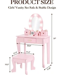 gaomon Wooden Kids Vanity Table with Lighted Mirror & Stool, Makeup Playset for Girls Ages 4-9,