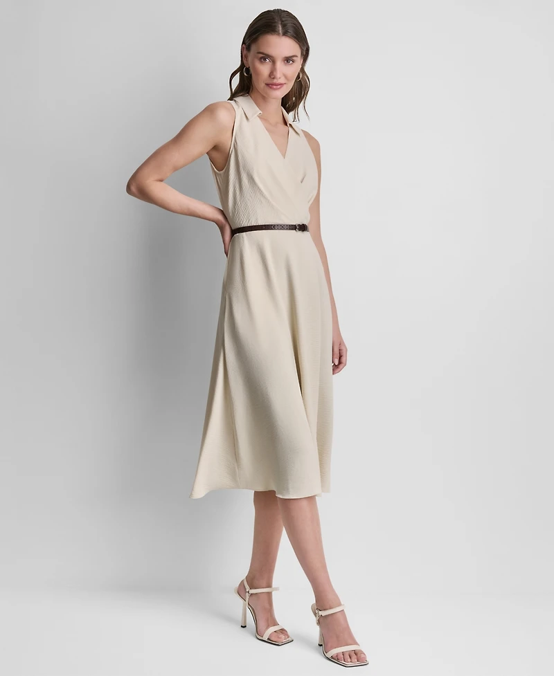 Dkny Women's Sleeveless Faux Wrap Removable Buckle Belt Shirt Dress