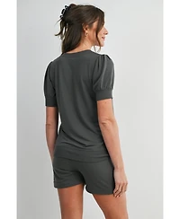 Hello Miz Maternity French Terry Lounge Set - Puff Sleeve Top and Shorts with Pockets