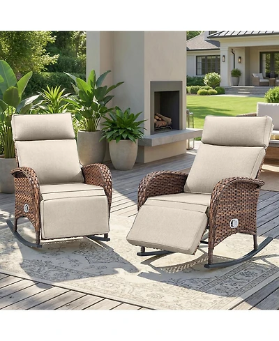 Pocassy 2 Pieces Outdoor Rocking Chair, Wicker Lounge Chair with Adjustment Backrest, Pe Rattan Patio Recliner Adjustable Footrest and Cushions