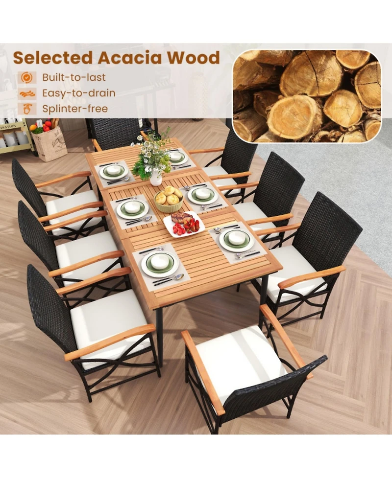 Clihome 79 Inch Outdoor Acacia Wood Dining Table and 8 Rattan-woven Dining Chairs with Umbrella Hole