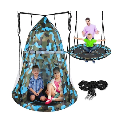 SereneLife Toddler Kids Hanging Tent Swing, Outdoor Saucer Swing with Hanging Kit and Swivel Spinner, Backyard Play Swing