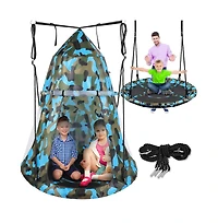 SereneLife Toddler Kids Hanging Tent Swing, Outdoor Saucer Swing with Hanging Kit and Swivel Spinner, Backyard Play Swing