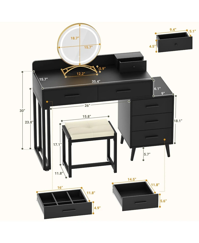 Aheaplus Vanity Desk with Mirror and Lights, Makeup Set 6 Drawers Stool