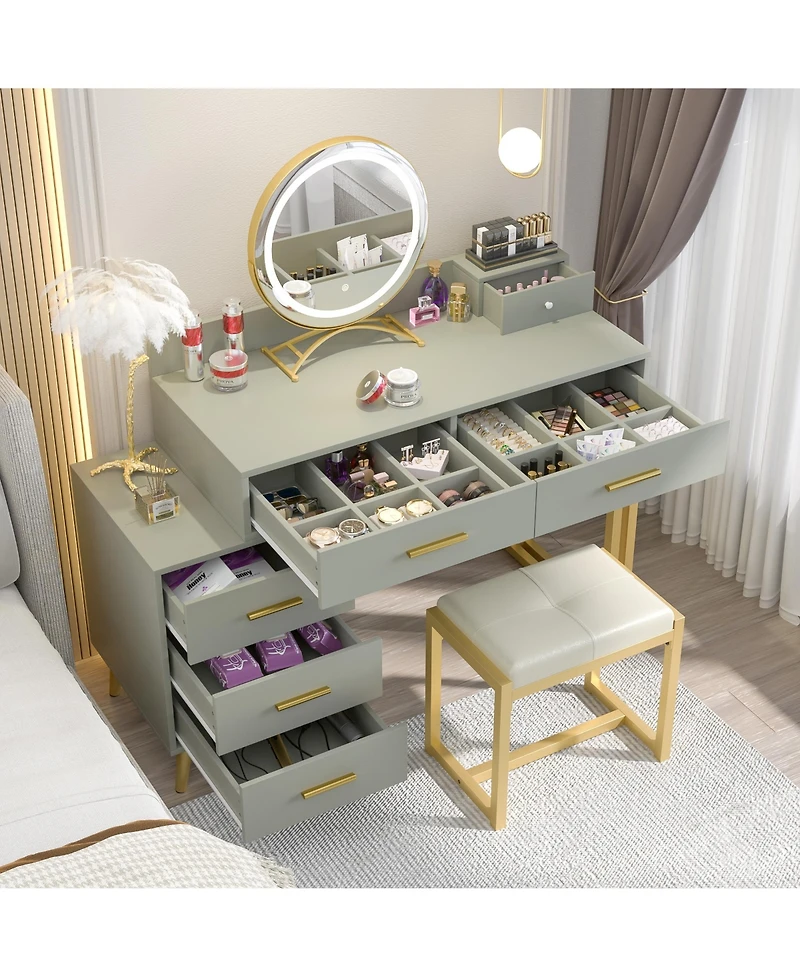 Aheaplus Vanity Desk with Mirror and Lights, Makeup Set 6 Drawers Stool