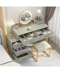 Aheaplus Vanity Desk with Mirror and Lights, Makeup Set 6 Drawers Stool