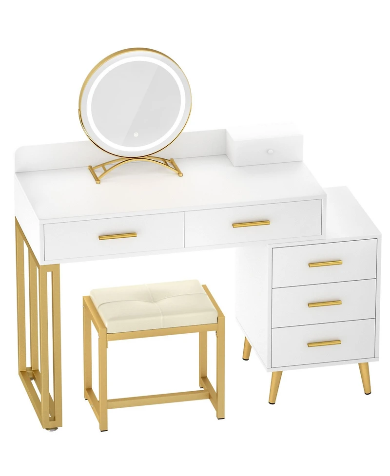 Aheaplus Vanity Desk with Mirror and Lights, Makeup Set 6 Drawers Stool