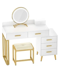 Aheaplus Vanity Desk with Mirror and Lights, Makeup Set 6 Drawers Stool