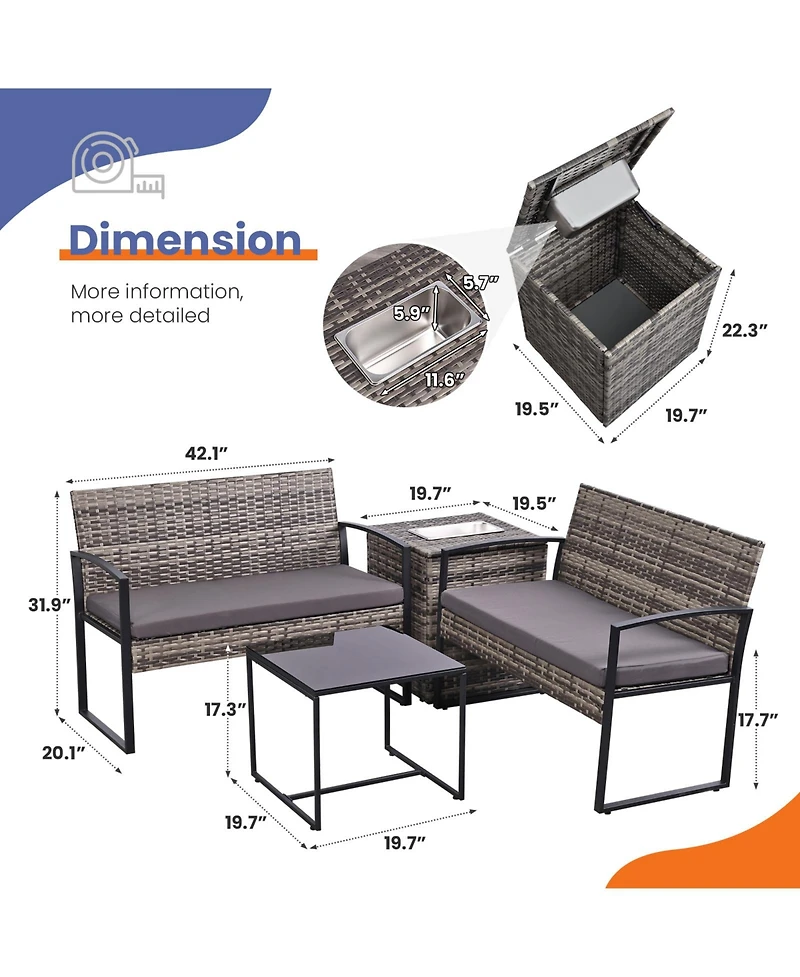 Boyel Living 4-Piece Outdoor Patio Set with Ice Bucket Table, Pe Rattan Conversation Storage, Waterproof Cushions