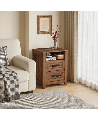 gaomon End Table with Usb/Type-c/Ac Outlets, Sofa Side Table with 2 Drawers, Storage Rustic Wood Square Nightstand for Living Room,Bedroom,Office