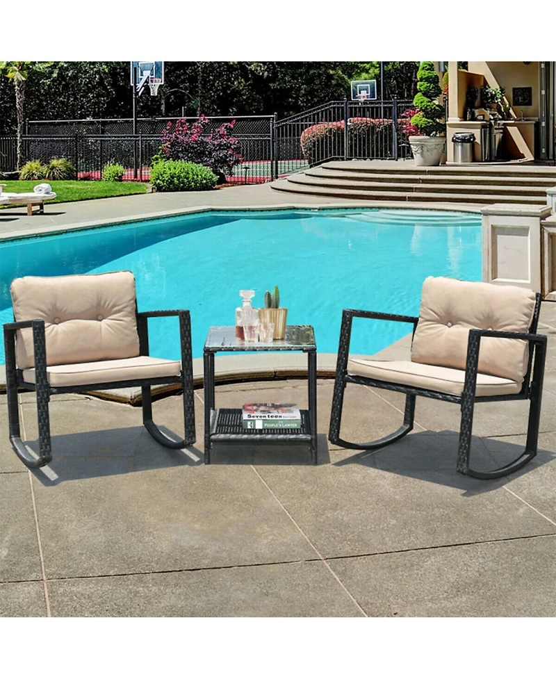 Clihome 3 Pieces Patio Rattan Furniture Set with Rocking Chairs and Table