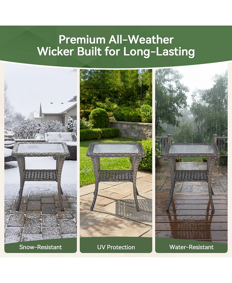 Pocassy Outdoor Side Table - Tempered Glass Wicker Table, Waterproof Patio Coffee Rattan End with Storage