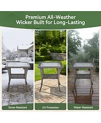 Pocassy Outdoor Side Table - Tempered Glass Wicker Table, Waterproof Patio Coffee Rattan End with Storage