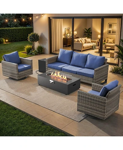 Pocassy Outdoor Patio Furniture Set with Fire Pit Table, Rattan Wicker Swivel Rocker Chairs Sets Glider Chair and Kit