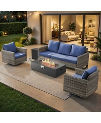 Pocassy Outdoor Patio Furniture Set with Fire Pit Table, Rattan Wicker Swivel Rocker Chairs Sets Glider Chair and Kit