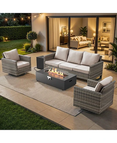 Pocassy Outdoor Patio Furniture Set with Fire Pit Table, Rattan Wicker Swivel Rocker Chairs Sets Glider Chair and Kit