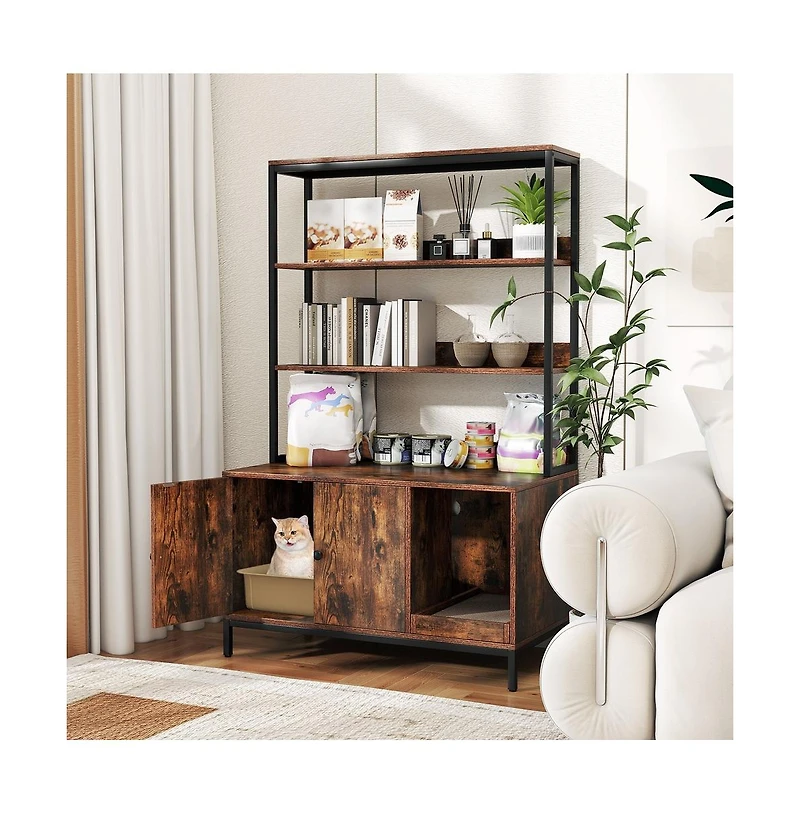 Ruie 57 Inch Tall Cat Litter Box Enclosure Cabinet with 2-Tier Storage and Scratcher