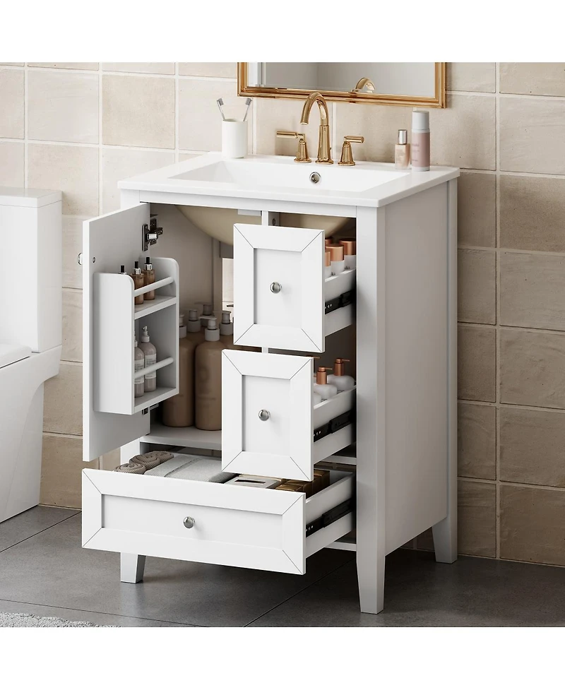 Sillysis 24 Inch Bathroom Vanity with Ceramic Sink, Freestanding Modern Cabinet, Soft Close Drawers for Small Bath