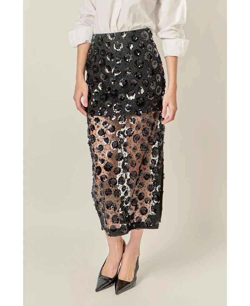 English Factory Women's Flower Sequin Sheer Midi Skirt