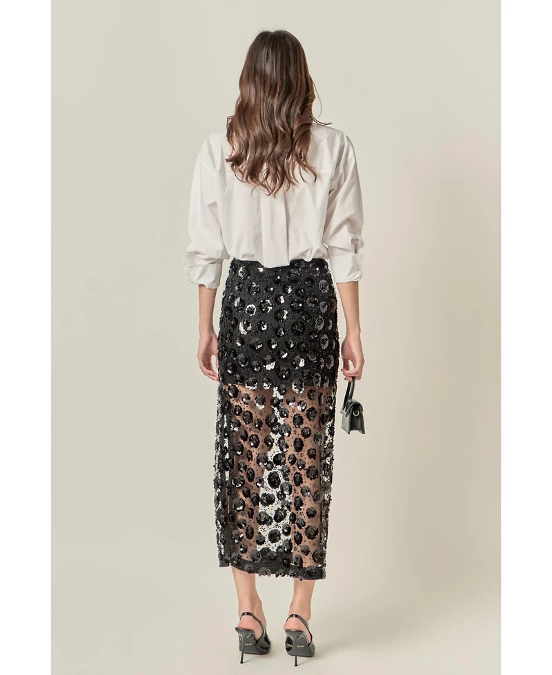English Factory Women's Flower Sequin Sheer Midi Skirt